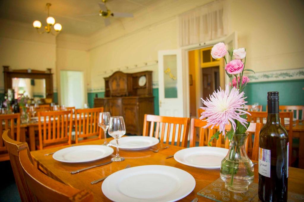 Dining room set for dinner